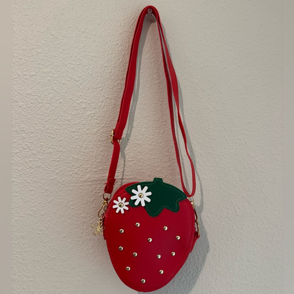 •Strawberry Crossbody Bag with Floral Accents - Red & Green